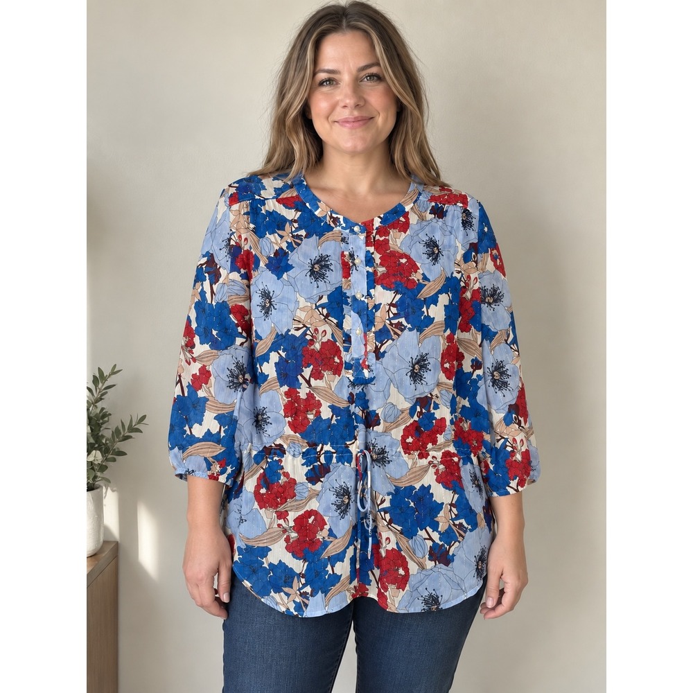 Liz Claiborne Womens Blue Red Floral Drawstring Waist Tunic Blouse XL Metallic